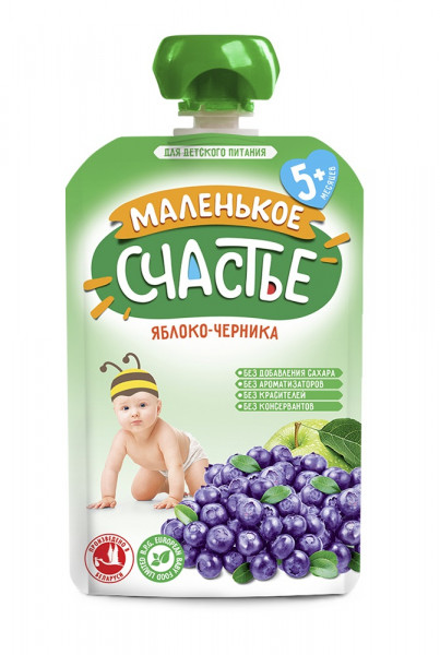 Пюре детское Маленькое счастье Яблоко и черника, мягкая упаковка, 5m+, 90гр